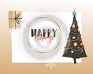 Hand drawn vector abstract Merry Christmas and Happy New Year time cartoon illustrations greeting card template tag with