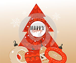 Hand drawn vector abstract Merry Christmas and Happy New Year time cartoon illustrations greeting header template with