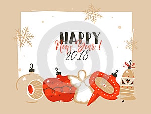 Hand drawn vector abstract Merry Christmas and Happy New Year 2018 time cartoon illustrations greeting header template