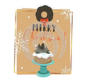 Hand drawn vector abstract Merry Christmas and Happy New Year time retro cartoon illustrations greeting card with cake