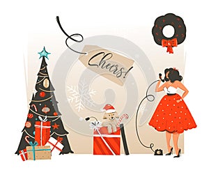 Hand drawn vector abstract Merry Christmas and Happy New Year time retro vintage cartoon illustration greeting card with