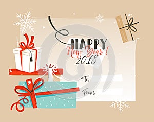 Hand drawn vector abstract Merry Christmas and Happy New Year time vintage cartoon illustrations greeting card template