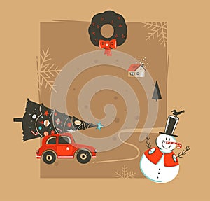 Hand drawn vector abstract Merry Christmas and Happy New Year time vintage cartoon illustrations greeting card template