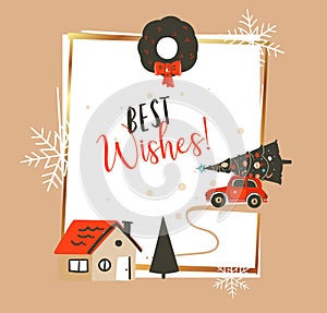 Hand drawn vector abstract Merry Christmas and Happy New Year time vintage cartoon illustrations greeting card template