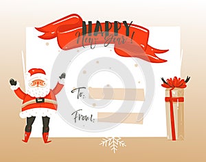Hand drawn vector abstract Merry Christmas and Happy New Year time vintage cartoon illustrations greeting card template