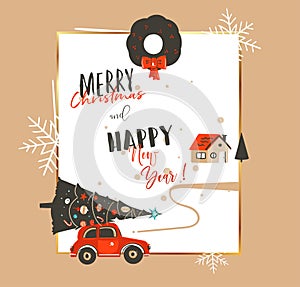 Hand drawn vector abstract Merry Christmas and Happy New Year time vintage cartoon illustrations greeting card template