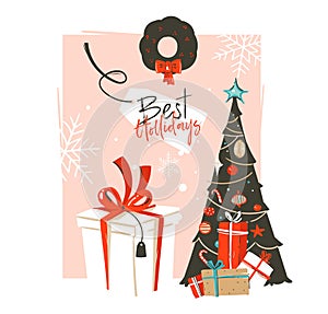 Hand drawn vector abstract Merry Christmas and Happy New Year time vintage cartoon illustrations greeting card template