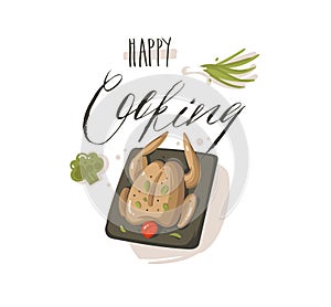 Hand drawn vector abstract modern cartoon cooking time illustrations sign with preparing chicken or turkey and modern