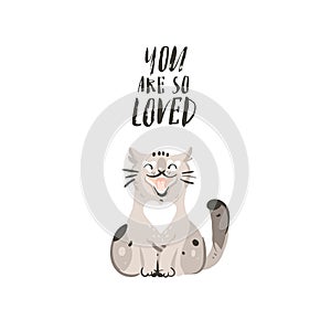 Hand drawn vector abstract modern cartoon Happy Valentines day concept illustrations card with cute cat and handwritten