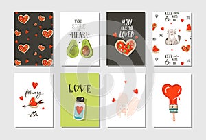 Hand drawn vector abstract modern cartoon Happy Valentines day concept illustrations cards set collectionwith cute cats