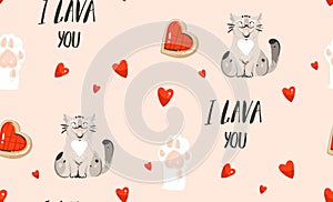 Hand drawn vector abstract modern cartoon Happy Valentines day concept illustrations seamless pattern with cute cats