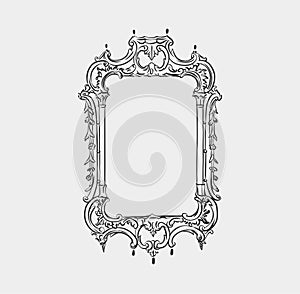 Hand drawn vector abstract outline,graphic,line art vintage baroque ornament floral frame in minimalistic modern style