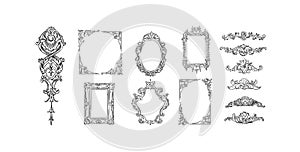 Hand drawn vector abstract outline,graphic,line art vintage baroque ornament floral frames set in minimalistic modern