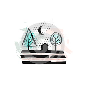 Hand drawn vector abstract scandinavian graphic illustration with house,trees and moon night in pastel colors.Desoration