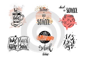 Hand drawn vector abstract school theme doodle icons,handwritten calligraphy quotes,signs and illustrations collection
