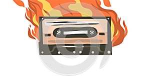 Hand drawn vector abstract stock flat graphic illustration with burning retro casette for media player drawing isolated