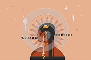 Hand drawn vector abstract stock flat graphic illustration with ethnic tribal black beautiful african american woman,sun