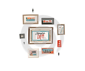 Hand drawn vector abstract stock flat graphic illustration with indoor interior wall frames and motivational lettering