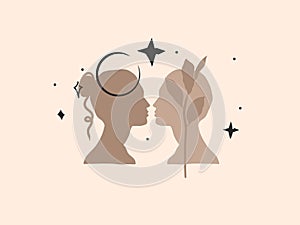 Hand drawn vector abstract stock flat graphic illustration with logo,bohemian magic art of crescent,romantic woman and