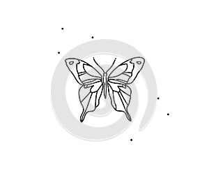 Hand drawn vector abstract stock flat graphic illustration with logo element,bohemian magic art of butterfly line art in
