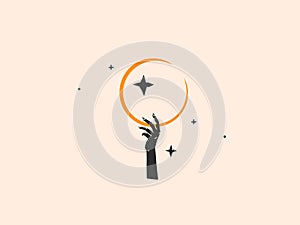 Hand drawn vector abstract stock flat graphic illustration with logo element,bohemian magic line art of crescent moon