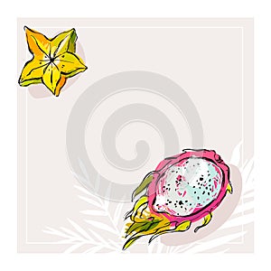 Hand drawn vector abstract stock flat graphic illustration with stationary note page or card with tropical exotic fruits