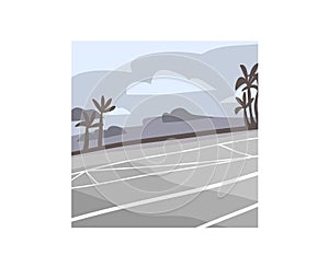 Hand drawn vector abstract stock flat graphic illustration with urban city view scene and palm trees on tre road