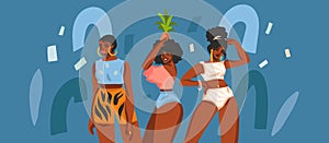 Hand drawn vector abstract stock flat graphic illustration with young happy african american beauty females group