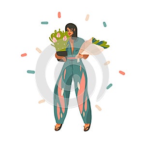 Hand drawn vector abstract stock graphic illustration with young happy female girl holding a bouquet of flowers and a