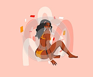 Hand drawn vector abstract stock graphic illustration with young happy positive lifestyle,black african american beauty