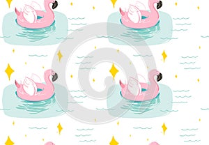 Hand drawn vector abstract summer time fun seamless pattern with pink flamingo float swimming pool buoy circle and