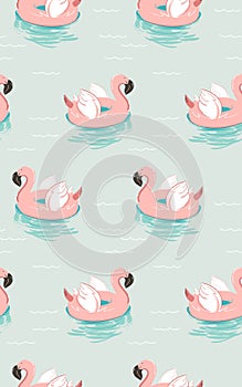 Hand drawn vector abstract summer time fun seamless pattern with pink flamingo float swimming pool buoy circle isolated