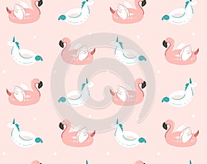 Hand drawn vector abstract summer time fun seamless pattern with pink flamingo float and unicorn swimming pool buoy