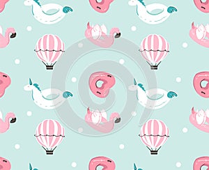 Hand drawn vector abstract summer time fun seamless pattern with pink flamingo float, unicorn swimming pool buoy ,heart