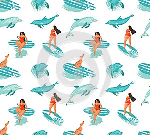 Hand drawn vector abstract summer time fun seamless pattern with surfers girl in bikini ,dog on surfboards and jumping