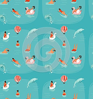 Hand drawn vector abstract summer time fun seamless pattern with swimming happy people in sea water with jumping