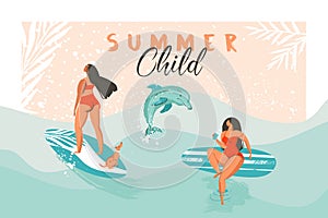 Hand drawn vector abstract summer time funny illustration poster with surfer girls in red bikini with dog on blue ocean