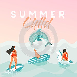 Hand drawn vector abstract summer time funny illustration poster with surfer girls in white unicorn float circle, bikini