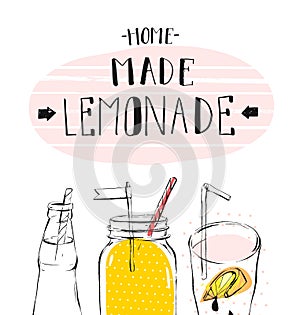 Hand drawn vector abstract summer time illustration with lemonade detox glass jar bottle,lemon slice and handwritten