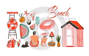 Hand drawn vector abstract Summer time illustrations collection set with boy and girl characters sitting on the beach