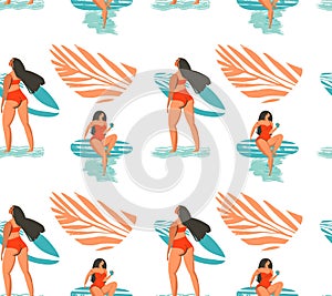 Hand drawn vector abstract summer time seamless pattern with surfers girl in bikini on the beach and tropical palm