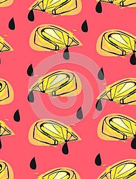 Hand drawn vector abstract unusual summer time seamless pattern with lemon slice and juice drops isolated on pink