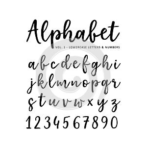 Hand drawn vector alphabet. Brush script font. Isolated lower case letters and numbers written with marker or ink