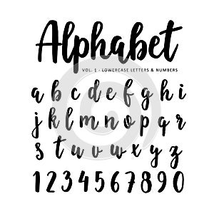 Hand drawn vector alphabet, font. Isolated letters and numbers written with marker or ink, brush script.