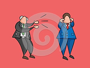 Hand-drawn vector angry boss yelling at businessman worker and he is closing his ears