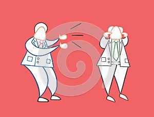 Hand-drawn vector angry businessman worker yelling at boss and boss is closing his ears