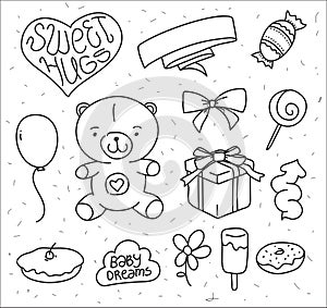 Hand drawn vector baby's elements. Doodle teddy