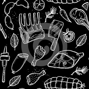 Hand drawn vector background - Meat products (chicken, pork, ste