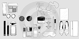 Hand drawn vector beautiful minimalist makeup set black and white. Hand drew cosmetics with lipstick, eye shadows, powder, perfume