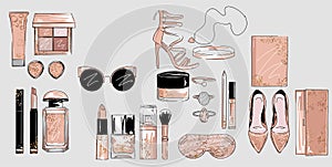 Hand drawn vector beautiful minimalist makeup set black and white. Hand drew cosmetics with lipstick, eye shadows, powder, perfume